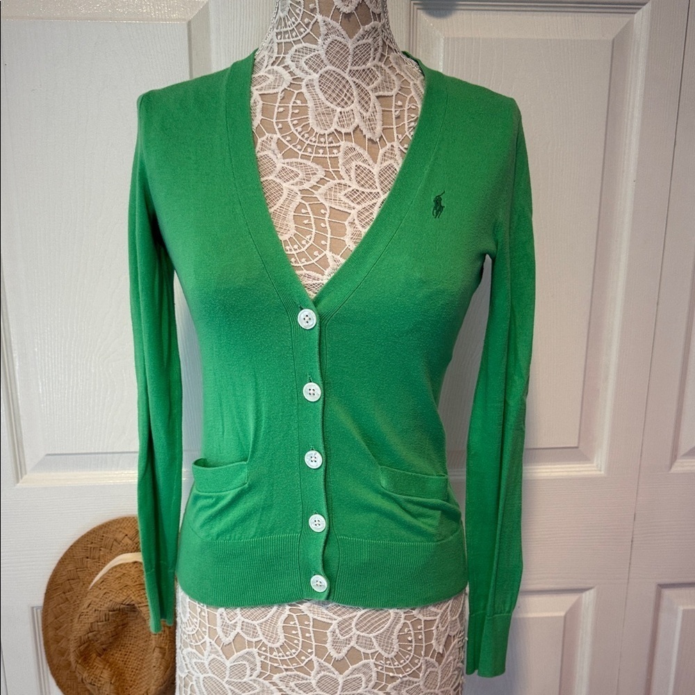 Ralph Lauren Sport green button-down long-sleeve cotton V-Neck cardigan Cotton S